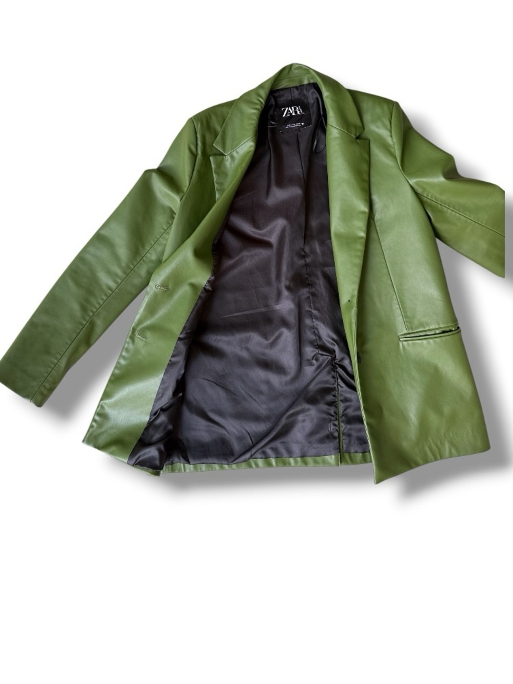 ZARA Olive Green Vegan Leather Blazer Size Medium - Picture 4 of 12
